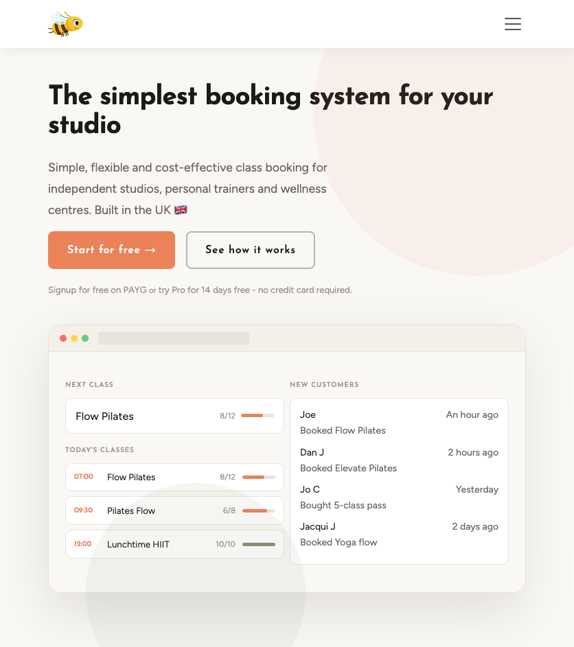 Screenshot of HeyBookMe class-booking website.